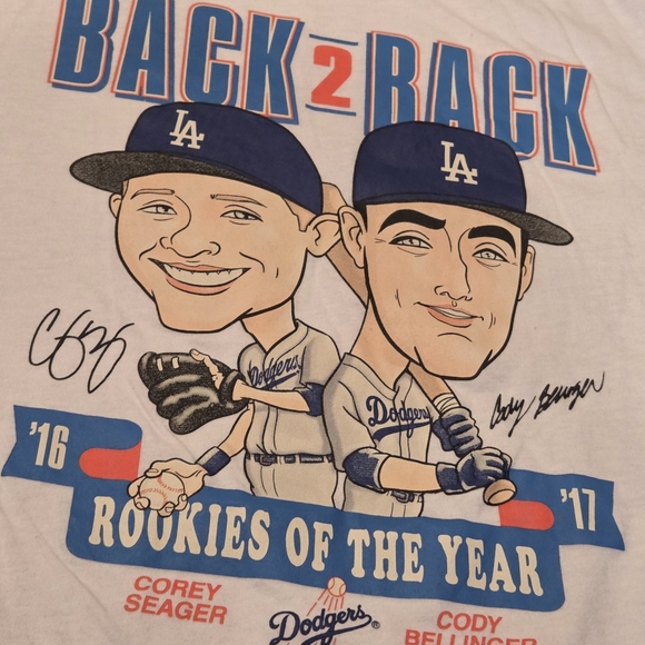 LA Dodgers Back To Back Rookies Of The Year Seager Bellinger Shirt 2016 2017 - Picture 3 of 10